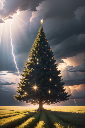 Bright Christmas tree in a large field with dark clouds and lightning in the sky, xmas Ai Generated wallpaperの素材