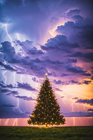 Bright Christmas tree in a large field with dark clouds and lightning in the sky, xmas Ai Generated wallpaperの素材