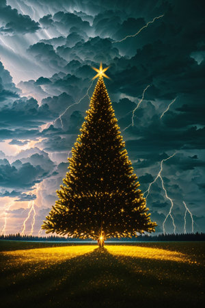 Bright Christmas tree in a large field with dark clouds and lightning in the sky, xmas Ai Generated wallpaperの素材