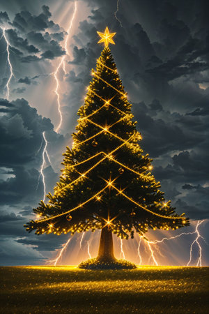 Bright Christmas tree in a large field with dark clouds and lightning in the sky, xmas Ai Generated wallpaperの素材