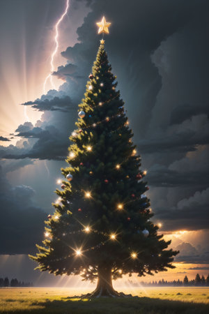 Bright Christmas tree in a large field with dark clouds and lightning in the sky, xmas Ai Generated wallpaperの素材