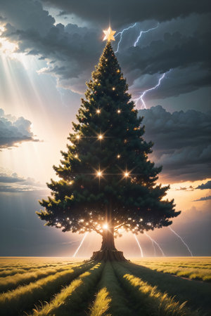 Bright Christmas tree in a large field with dark clouds and lightning in the sky, xmas Ai Generated wallpaperの素材