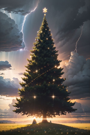 Bright Christmas tree in a large field with dark clouds and lightning in the sky, xmas Ai Generated wallpaperの素材