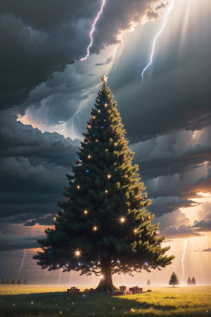 Bright Christmas tree in a large field with dark clouds and lightning in the sky, xmas Ai Generated wallpaperの素材