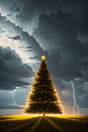 Bright Christmas tree in a large field with dark clouds and lightning in the sky, xmas Ai Generated wallpaperの素材