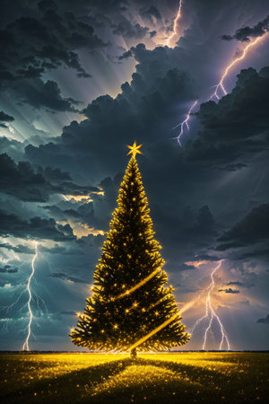 Bright Christmas tree in a large field with dark clouds and lightning in the sky, xmas Ai Generated wallpaperの素材