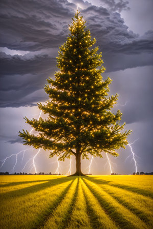 Bright Christmas tree in a large field with dark clouds and lightning in the sky, xmas Ai Generated wallpaperの素材