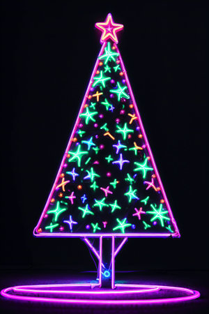 Dark christmas tree illuminated with neon lights on dark background, wallpaper christmas banner Ai Generatedの素材