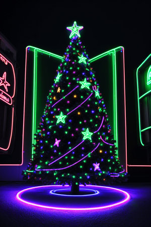 Dark christmas tree illuminated with neon lights on dark background, wallpaper christmas banner Ai Generatedの素材