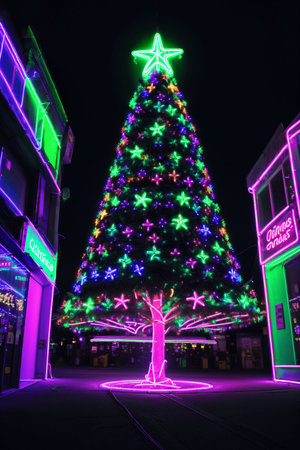 Dark christmas tree illuminated with neon lights on dark background, wallpaper christmas banner Ai Generatedの素材