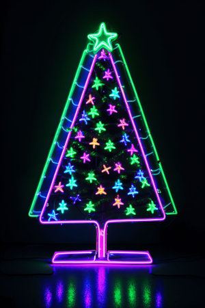 Dark christmas tree illuminated with neon lights on dark background, wallpaper christmas banner Ai Generatedの素材