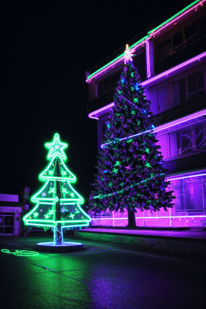 Dark christmas tree illuminated with neon lights on dark background, wallpaper christmas banner Ai Generatedの素材