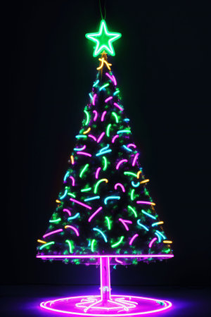 Dark christmas tree illuminated with neon lights on dark background, wallpaper christmas banner Ai Generatedの素材
