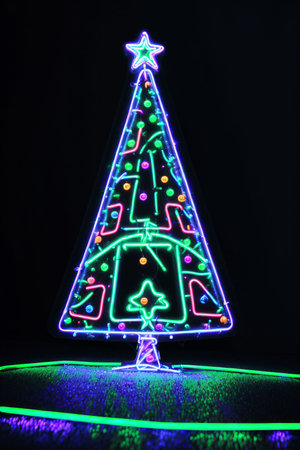 Dark christmas tree illuminated with neon lights on dark background, wallpaper christmas banner Ai Generatedの素材