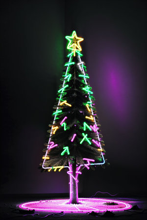 Dark christmas tree illuminated with neon lights on dark background, wallpaper christmas banner Ai Generatedの素材