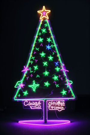 Dark christmas tree illuminated with neon lights on dark background, wallpaper christmas banner Ai Generatedの素材