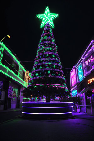 Dark christmas tree illuminated with neon lights on dark background, wallpaper christmas banner Ai Generatedの素材