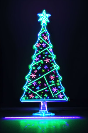 Dark christmas tree illuminated with neon lights on dark background, wallpaper christmas banner Ai Generatedの素材
