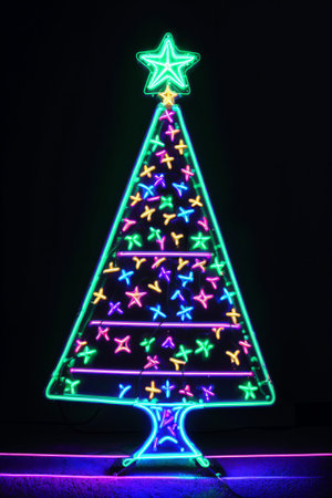 Dark christmas tree illuminated with neon lights on dark background, wallpaper christmas banner Ai Generatedの素材