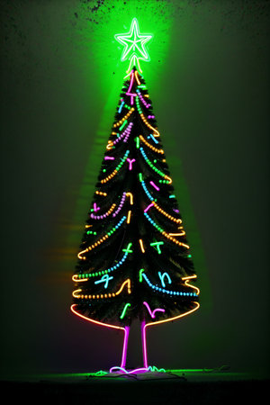 Dark christmas tree illuminated with neon lights on dark background, wallpaper christmas banner Ai Generatedの素材