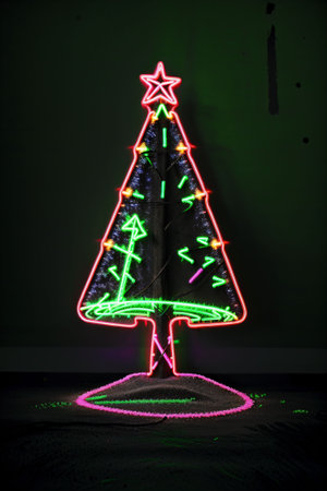 Dark christmas tree illuminated with neon lights on dark background, wallpaper christmas banner Ai Generatedの素材