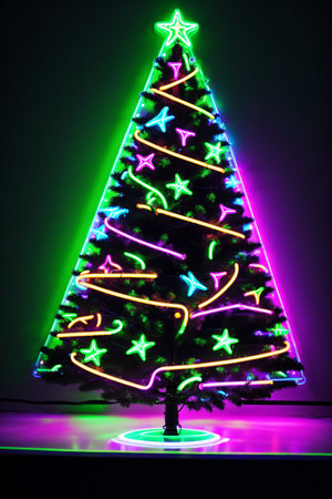 Dark christmas tree illuminated with neon lights on dark background, wallpaper christmas banner Ai Generatedの素材