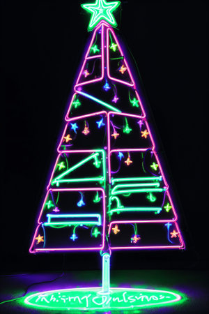 Dark christmas tree illuminated with neon lights on dark background, wallpaper christmas banner Ai Generatedの素材