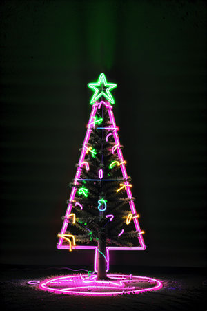 Dark christmas tree illuminated with neon lights on dark background, wallpaper christmas banner Ai Generatedの素材