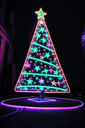 Dark christmas tree illuminated with neon lights on dark background, wallpaper christmas banner Ai Generatedの素材