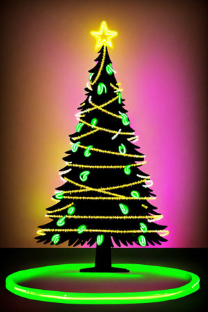 Dark christmas tree illuminated with neon lights on dark background, wallpaper christmas banner Ai Generatedの素材