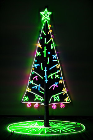 Dark christmas tree illuminated with neon lights on dark background, wallpaper christmas banner Ai Generatedの素材