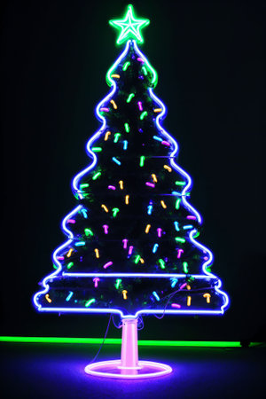 Dark christmas tree illuminated with neon lights on dark background, wallpaper christmas banner Ai Generatedの素材