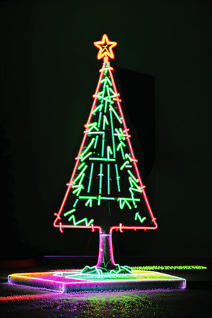 Dark christmas tree illuminated with neon lights on dark background, wallpaper christmas banner Ai Generatedの素材