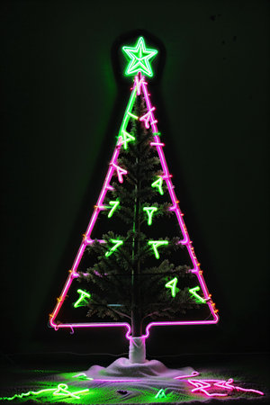 Dark christmas tree illuminated with neon lights on dark background, wallpaper christmas banner Ai Generatedの素材