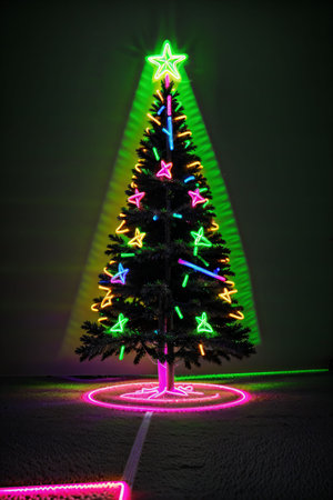 Dark christmas tree illuminated with neon lights on dark background, wallpaper christmas banner Ai Generatedの素材