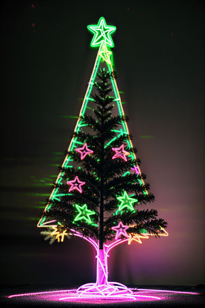 Dark christmas tree illuminated with neon lights on dark background, wallpaper christmas banner Ai Generatedの素材