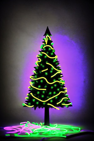 Dark christmas tree illuminated with neon lights on dark background, wallpaper christmas banner Ai Generatedの素材