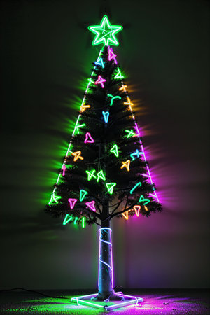 Dark christmas tree illuminated with neon lights on dark background, wallpaper christmas banner Ai Generatedの素材