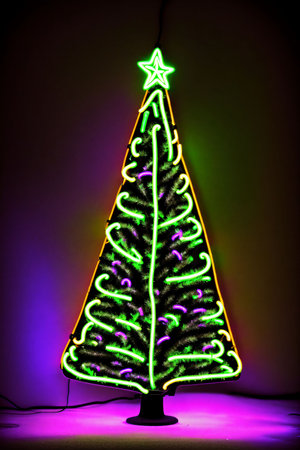 Dark christmas tree illuminated with neon lights on dark background, wallpaper christmas banner Ai Generatedの素材