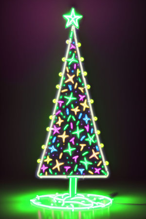 Dark christmas tree illuminated with neon lights on dark background, wallpaper christmas banner Ai Generatedの素材