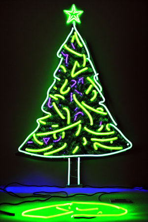Dark christmas tree illuminated with neon lights on dark background, wallpaper christmas banner Ai Generatedの素材