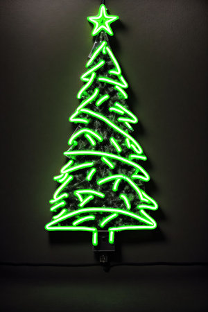 Dark christmas tree illuminated with neon lights on dark background, wallpaper christmas banner Ai Generatedの素材