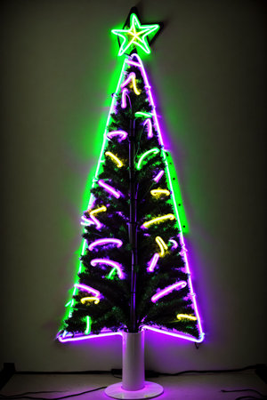 Dark christmas tree illuminated with neon lights on dark background, wallpaper christmas banner Ai Generatedの素材