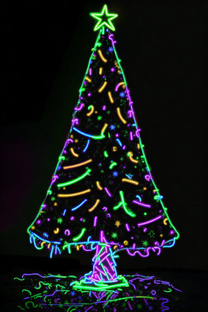 Dark christmas tree illuminated with neon lights on dark background, wallpaper christmas banner Ai Generatedの素材