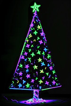 Dark christmas tree illuminated with neon lights on dark background, wallpaper christmas banner Ai Generatedの素材