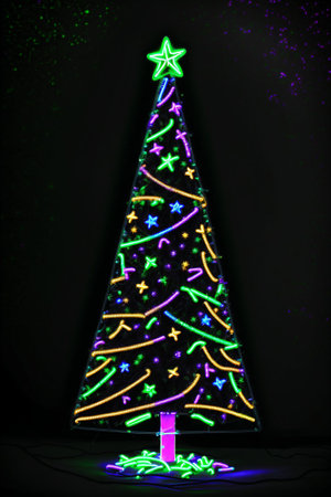 Dark christmas tree illuminated with neon lights on dark background, wallpaper christmas banner Ai Generatedの素材