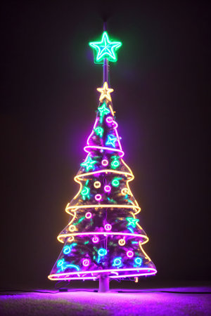Dark christmas tree illuminated with neon lights on dark background, wallpaper christmas banner Ai Generatedの素材