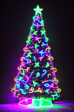 Dark christmas tree illuminated with neon lights on dark background, wallpaper christmas banner Ai Generatedの素材