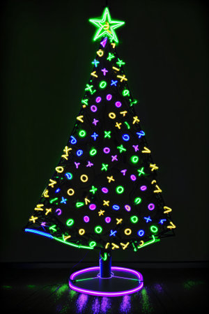 Dark christmas tree illuminated with neon lights on dark background, wallpaper christmas banner Ai Generatedの素材