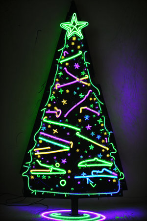 Dark christmas tree illuminated with neon lights on dark background, wallpaper christmas banner Ai Generatedの素材